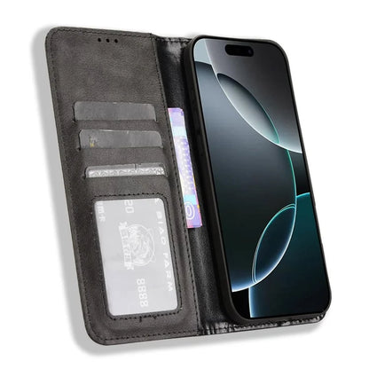 For iPhone 16 Pro Leather Case Wallet Stand Retro Texture Phone Cover