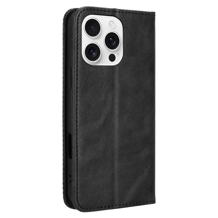 For iPhone 16 Pro Leather Case Wallet Stand Retro Texture Phone Cover