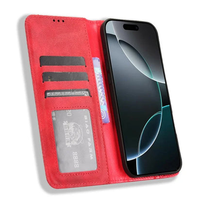 For iPhone 16 Pro Leather Case Wallet Stand Retro Texture Phone Cover