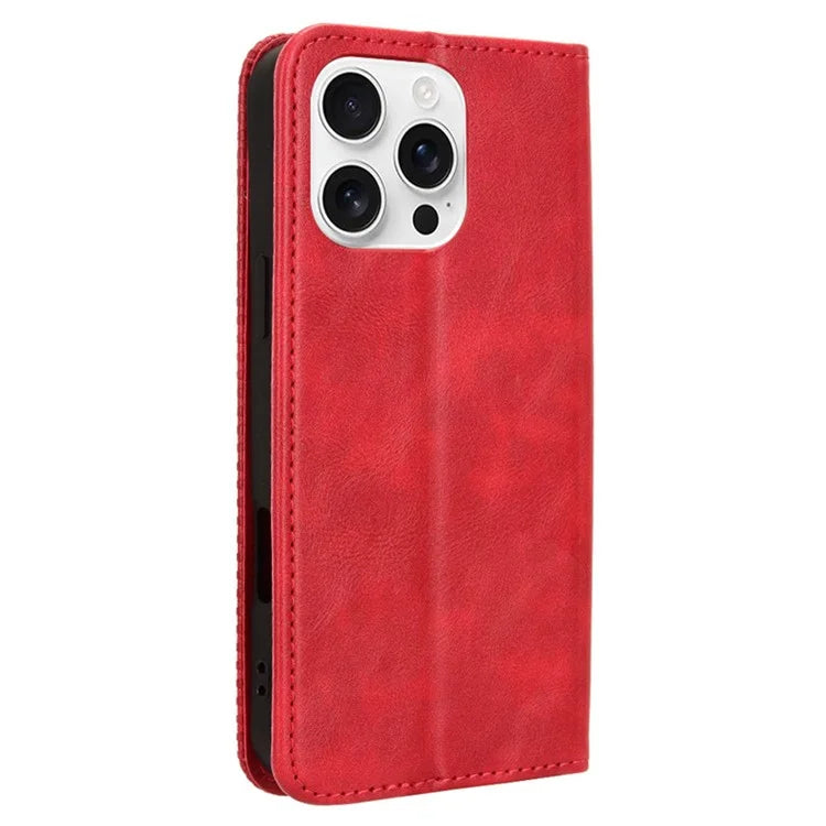 For iPhone 16 Pro Leather Case Wallet Stand Retro Texture Phone Cover
