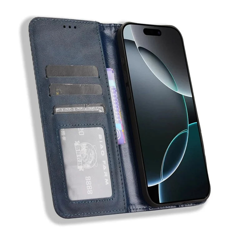 For iPhone 16 Pro Leather Case Wallet Stand Retro Texture Phone Cover