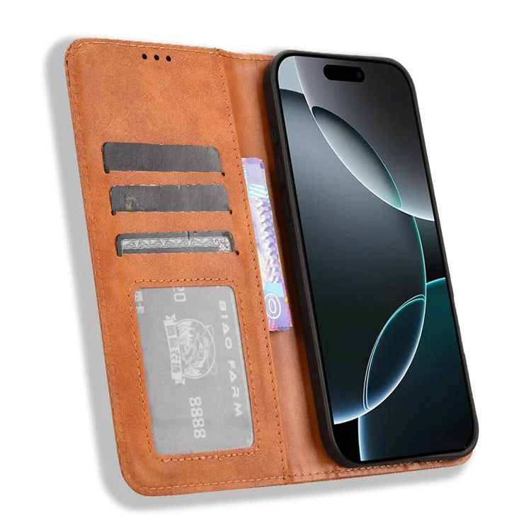 For iPhone 16 Pro Leather Case Wallet Stand Retro Texture Phone Cover