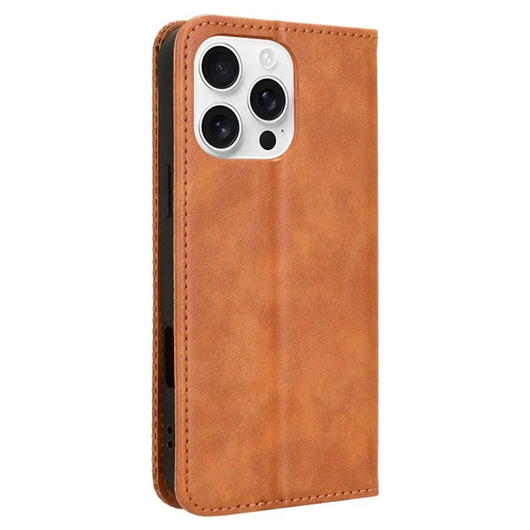For iPhone 16 Pro Leather Case Wallet Stand Retro Texture Phone Cover