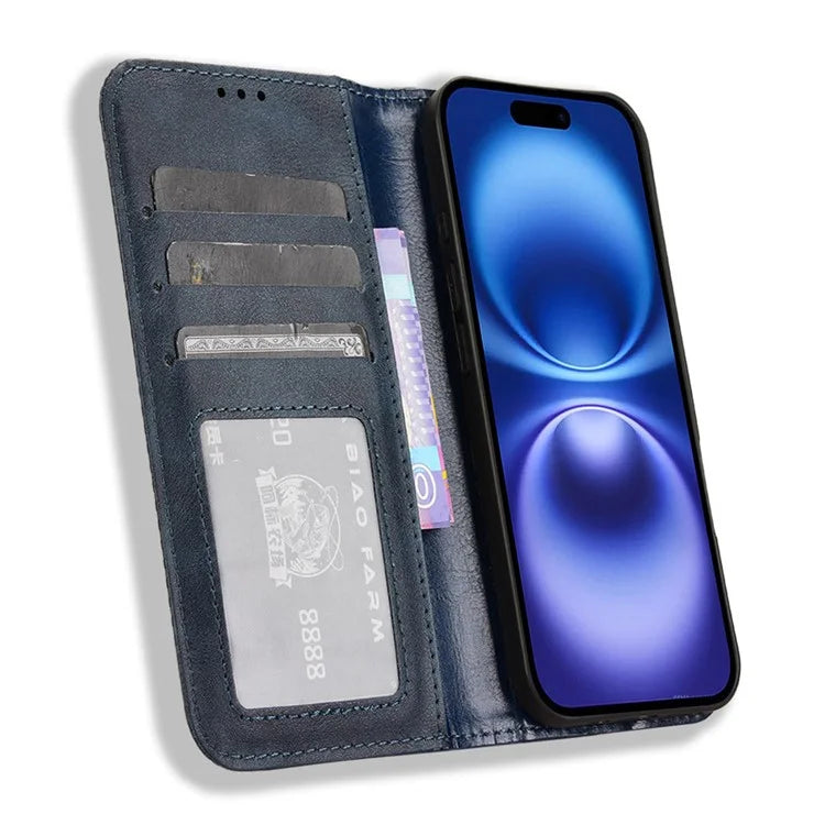 For iPhone 16 Leather Case Wallet Stand Retro Texture Phone Cover