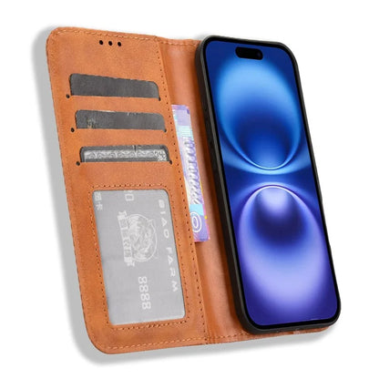 For iPhone 16 Leather Case Wallet Stand Retro Texture Phone Cover