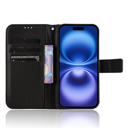 For iPhone 16 Plus Case PU Leather Diamond Texture Wallet Phone Cover