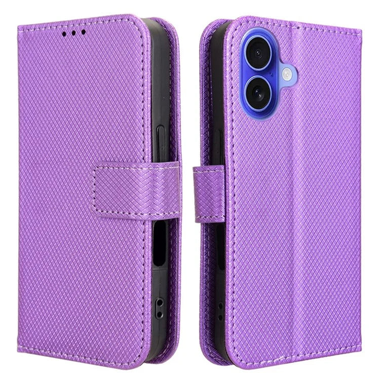 For iPhone 16 Plus Case PU Leather Diamond Texture Wallet Phone Cover