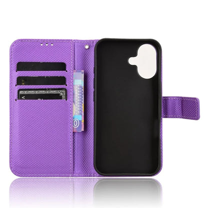 For iPhone 16 Plus Case PU Leather Diamond Texture Wallet Phone Cover