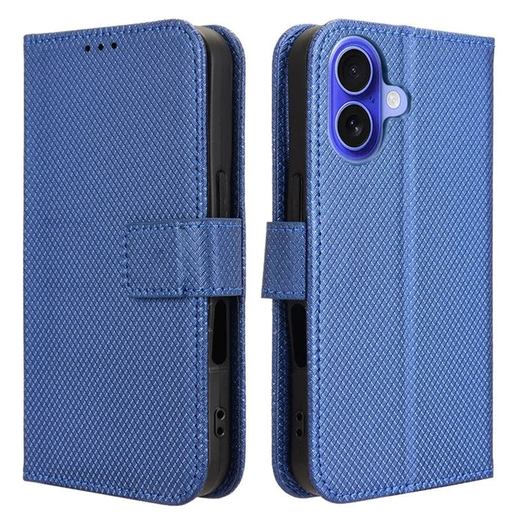 For iPhone 16 Plus Case PU Leather Diamond Texture Wallet Phone Cover