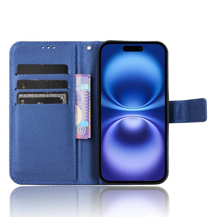 For iPhone 16 Plus Case PU Leather Diamond Texture Wallet Phone Cover