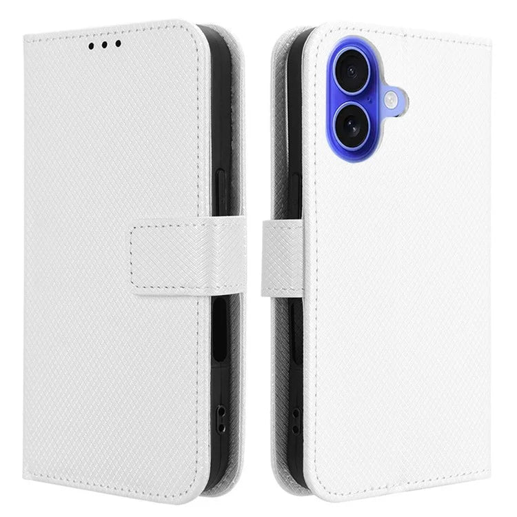 For iPhone 16 Plus Case PU Leather Diamond Texture Wallet Phone Cover