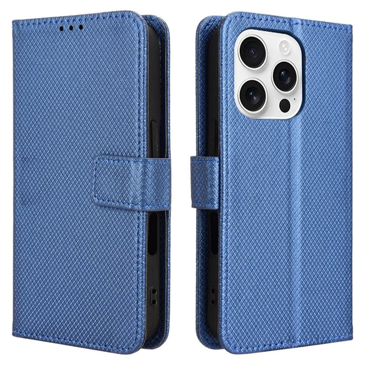 For iPhone 16 Pro Case PU Leather Diamond Texture Wallet Phone Cover