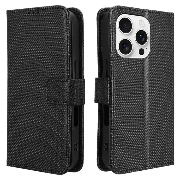 For iPhone 16 Pro Case PU Leather Diamond Texture Wallet Phone Cover