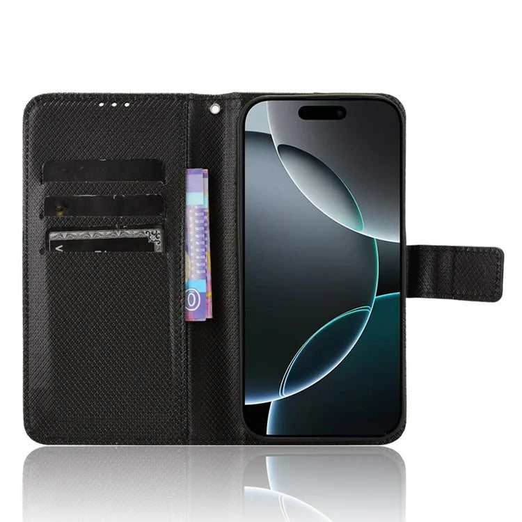For iPhone 16 Pro Case PU Leather Diamond Texture Wallet Phone Cover