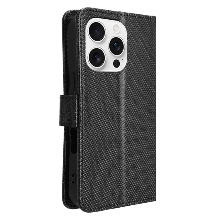 For iPhone 16 Pro Case PU Leather Diamond Texture Wallet Phone Cover