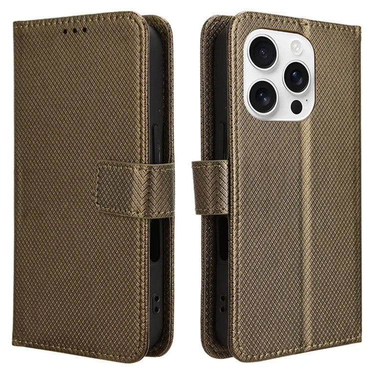 For iPhone 16 Pro Case PU Leather Diamond Texture Wallet Phone Cover