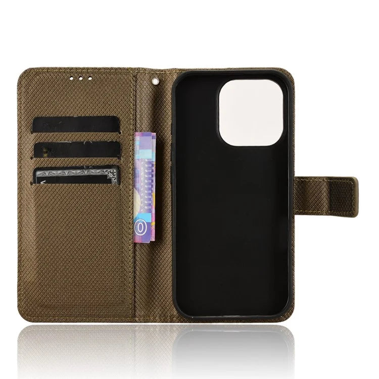 For iPhone 16 Pro Case PU Leather Diamond Texture Wallet Phone Cover