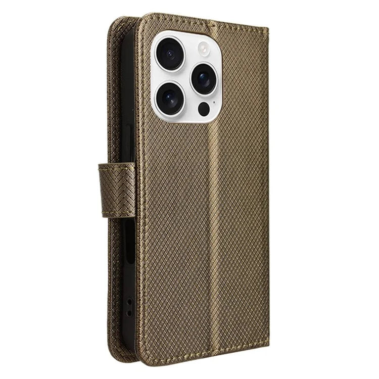 For iPhone 16 Pro Case PU Leather Diamond Texture Wallet Phone Cover