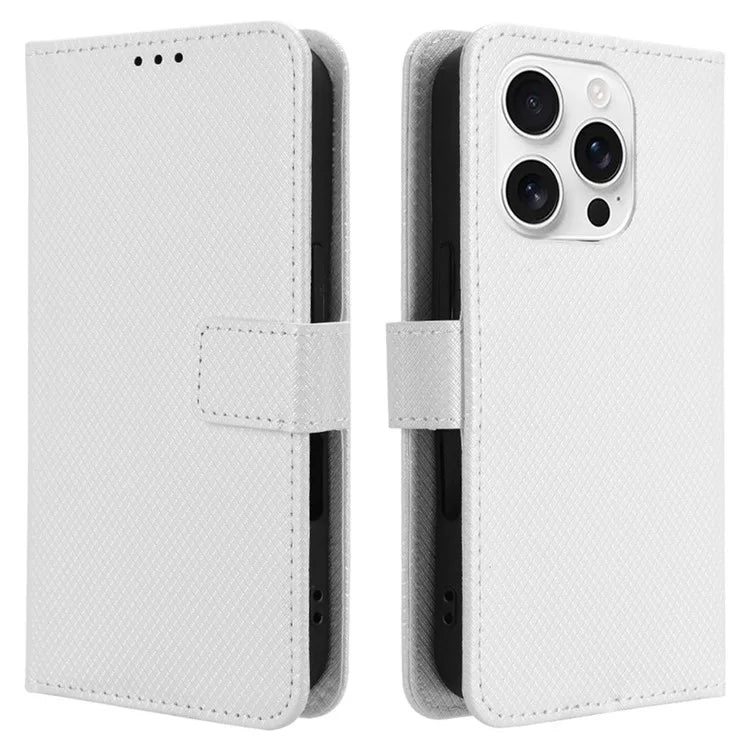 For iPhone 16 Pro Case PU Leather Diamond Texture Wallet Phone Cover