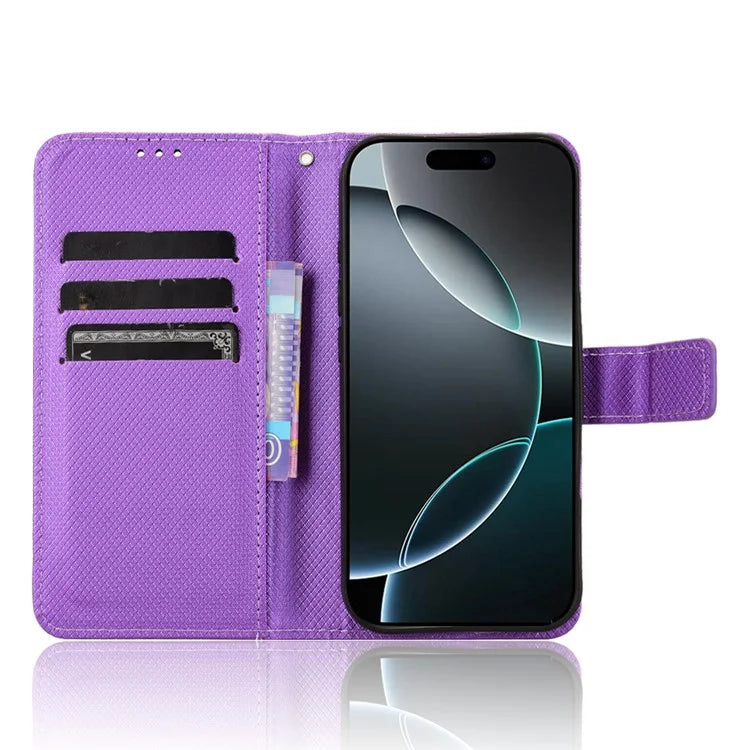 For iPhone 16 Pro Case PU Leather Diamond Texture Wallet Phone Cover