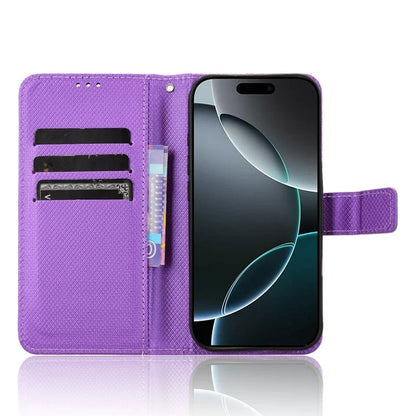 For iPhone 16 Pro Case PU Leather Diamond Texture Wallet Phone Cover