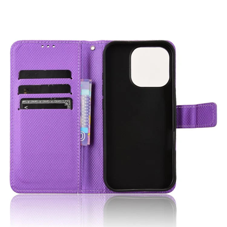 For iPhone 16 Pro Case PU Leather Diamond Texture Wallet Phone Cover