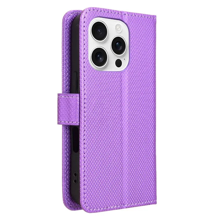 For iPhone 16 Pro Case PU Leather Diamond Texture Wallet Phone Cover