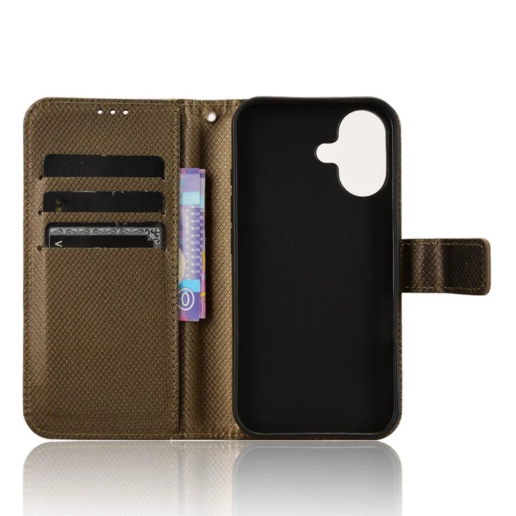 For iPhone 16 Case PU Leather Diamond Texture Wallet Phone Cover
