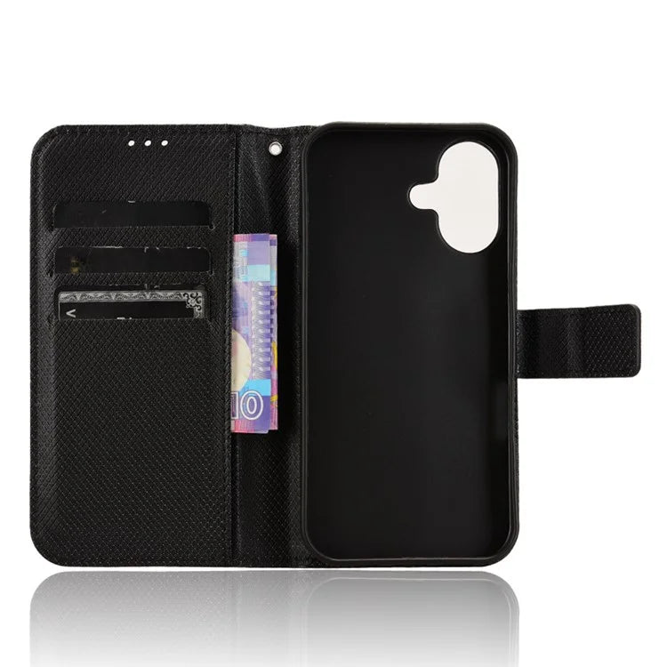 For iPhone 16 Case PU Leather Diamond Texture Wallet Phone Cover