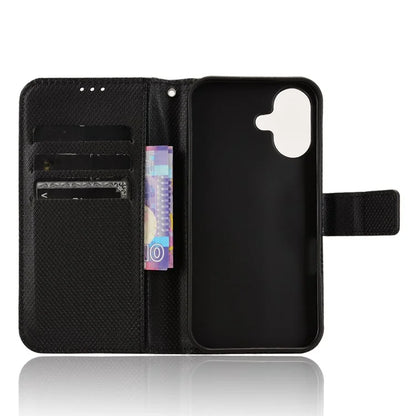 For iPhone 16 Case PU Leather Diamond Texture Wallet Phone Cover