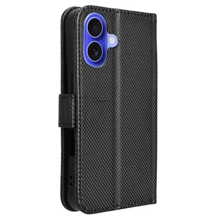 For iPhone 16 Case PU Leather Diamond Texture Wallet Phone Cover