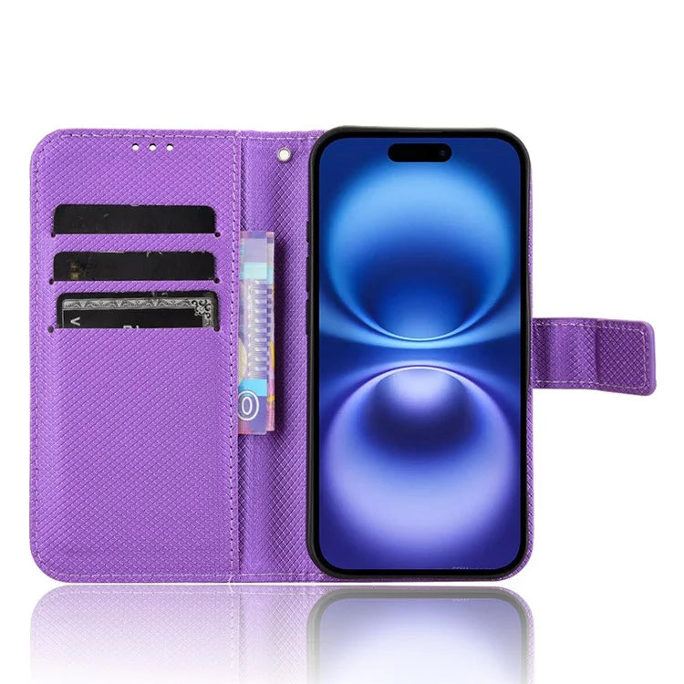 For iPhone 16 Case PU Leather Diamond Texture Wallet Phone Cover