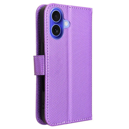 For iPhone 16 Case PU Leather Diamond Texture Wallet Phone Cover