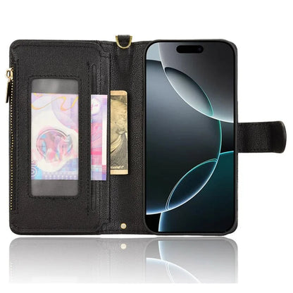 For iPhone 16 Pro Max Leather Case Zipper Pocket Phone Cover with 2 Straps