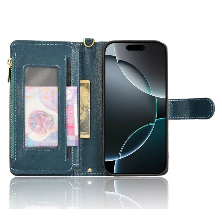 For iPhone 16 Pro Max Leather Case Zipper Pocket Phone Cover with 2 Straps