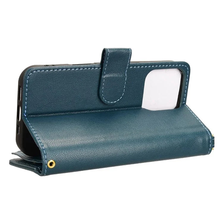 For iPhone 16 Pro Max Leather Case Zipper Pocket Phone Cover with 2 Straps