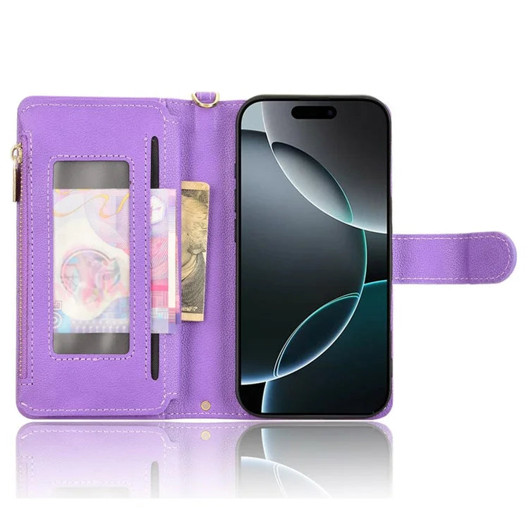 For iPhone 16 Pro Max Leather Case Zipper Pocket Phone Cover with 2 Straps