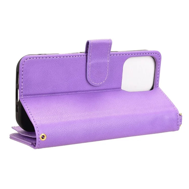 For iPhone 16 Pro Max Leather Case Zipper Pocket Phone Cover with 2 Straps