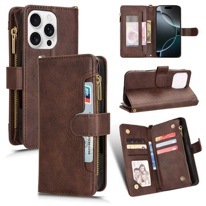 For iPhone 16 Pro Max Leather Case Zipper Pocket Phone Cover with 2 Straps
