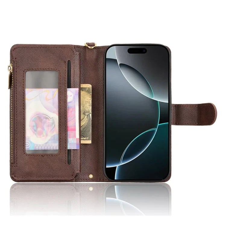 For iPhone 16 Pro Max Leather Case Zipper Pocket Phone Cover with 2 Straps