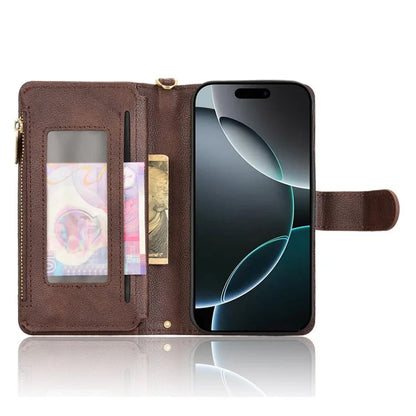 For iPhone 16 Pro Max Leather Case Zipper Pocket Phone Cover with 2 Straps