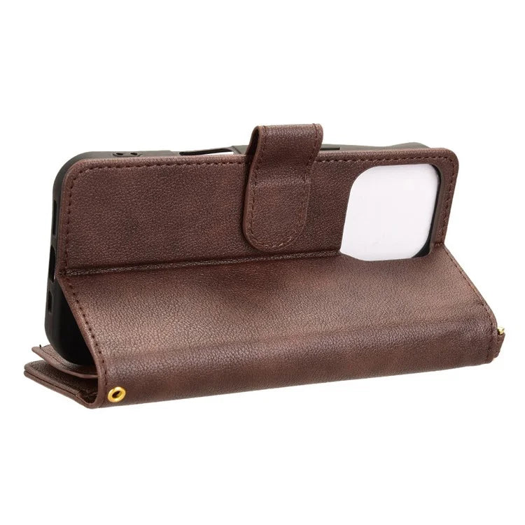 For iPhone 16 Pro Max Leather Case Zipper Pocket Phone Cover with 2 Straps