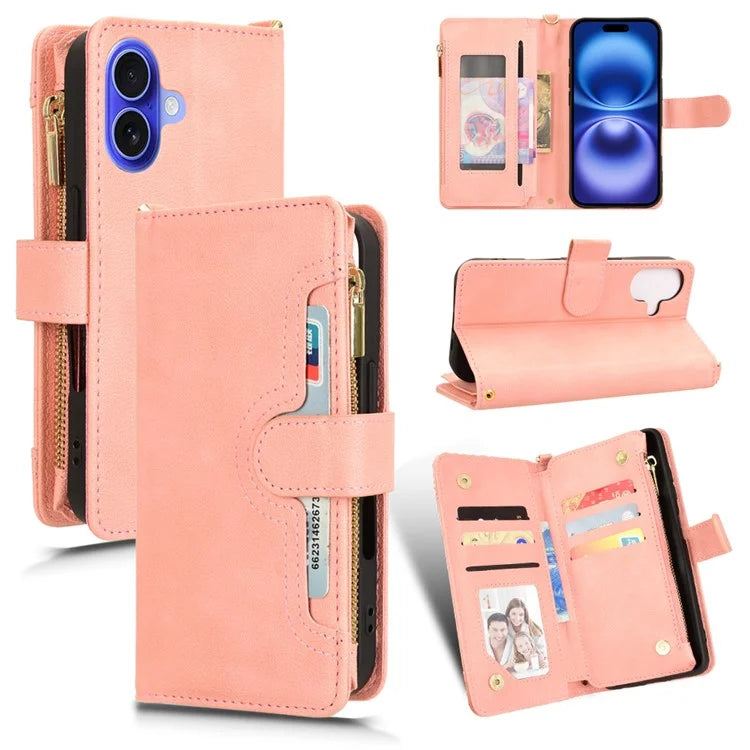 For iPhone 16 Plus Leather Case Zipper Pocket Phone Cover with 2 Straps