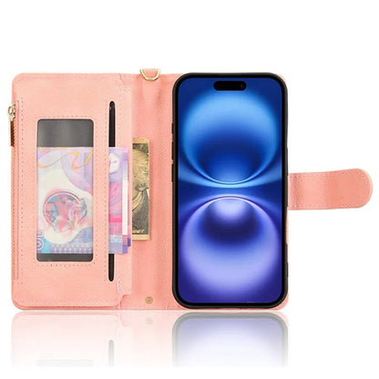For iPhone 16 Plus Leather Case Zipper Pocket Phone Cover with 2 Straps