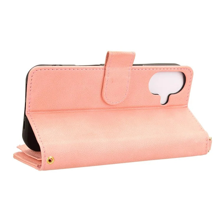 For iPhone 16 Plus Leather Case Zipper Pocket Phone Cover with 2 Straps