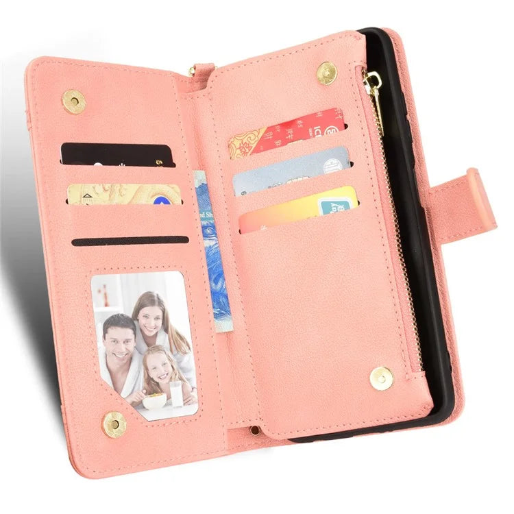 For iPhone 16 Plus Leather Case Zipper Pocket Phone Cover with 2 Straps