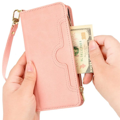 For iPhone 16 Plus Leather Case Zipper Pocket Phone Cover with 2 Straps