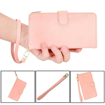 For iPhone 16 Plus Leather Case Zipper Pocket Phone Cover with 2 Straps