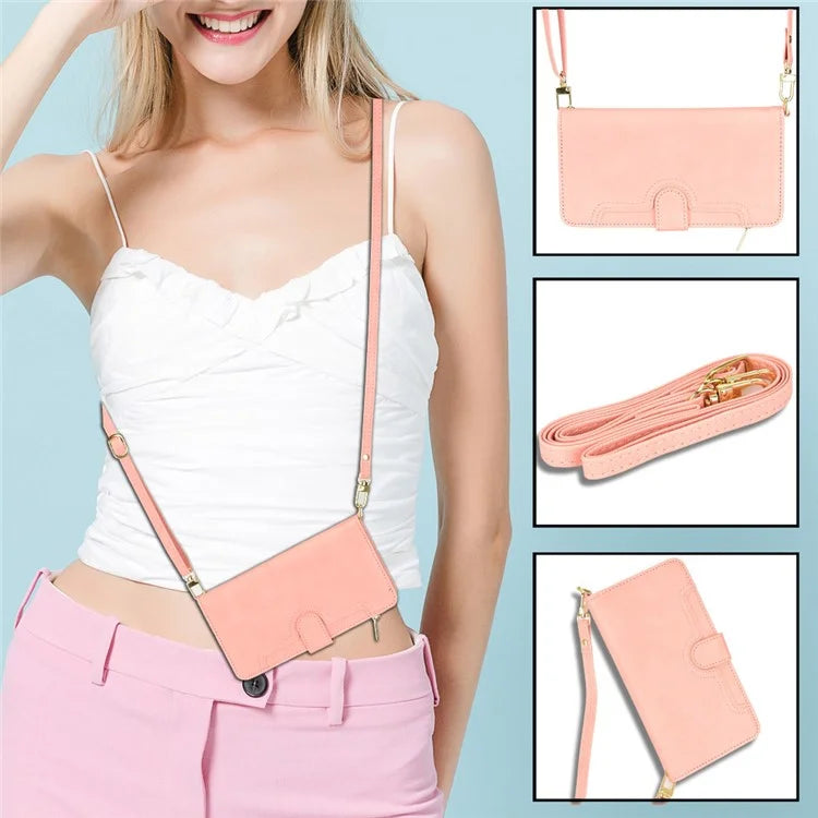 For iPhone 16 Plus Leather Case Zipper Pocket Phone Cover with 2 Straps