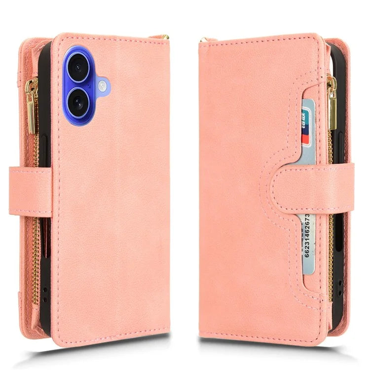 For iPhone 16 Plus Leather Case Zipper Pocket Phone Cover with 2 Straps